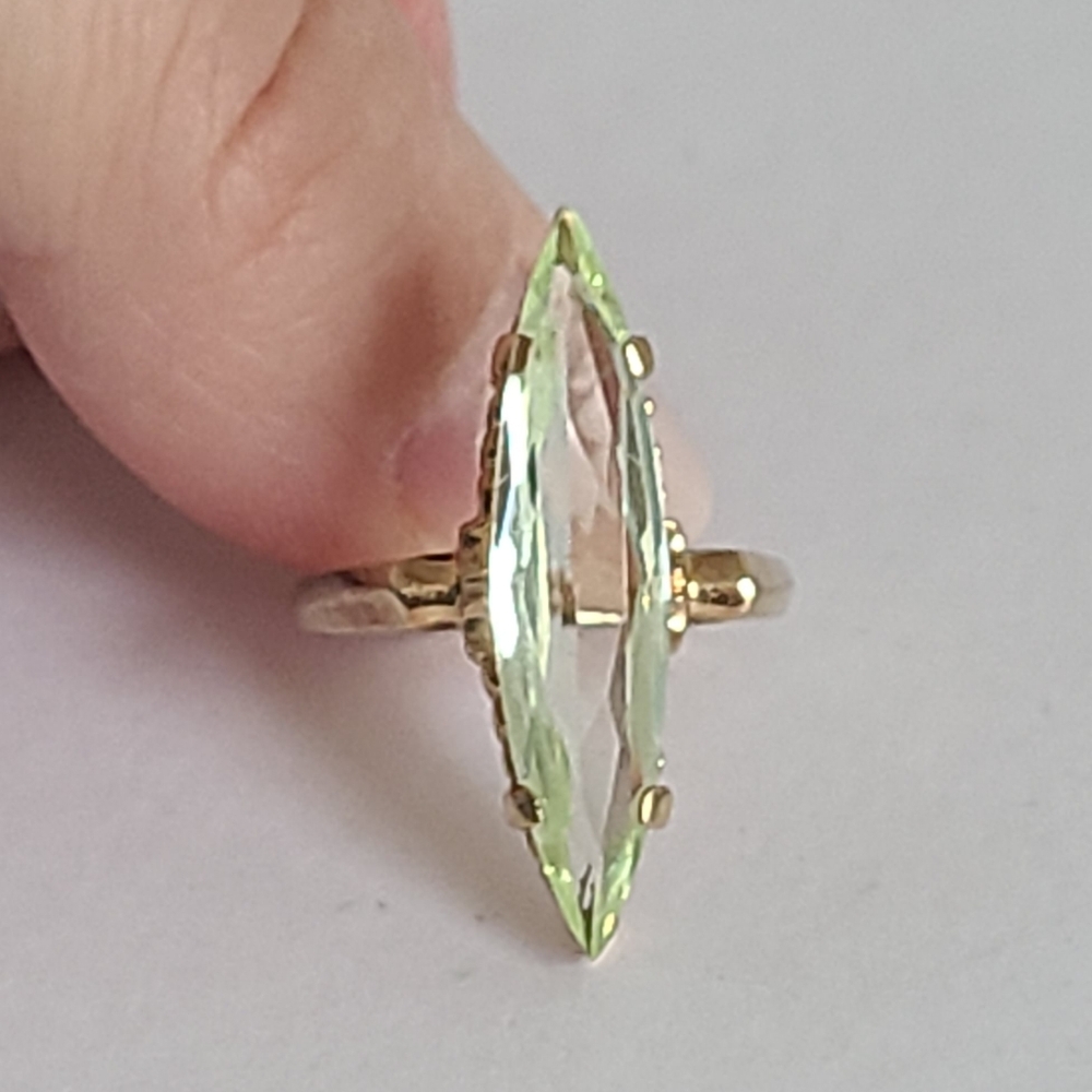 Vintage 10K Gold Green Amethyst Marquis Luxury Full Finger Statement Ring